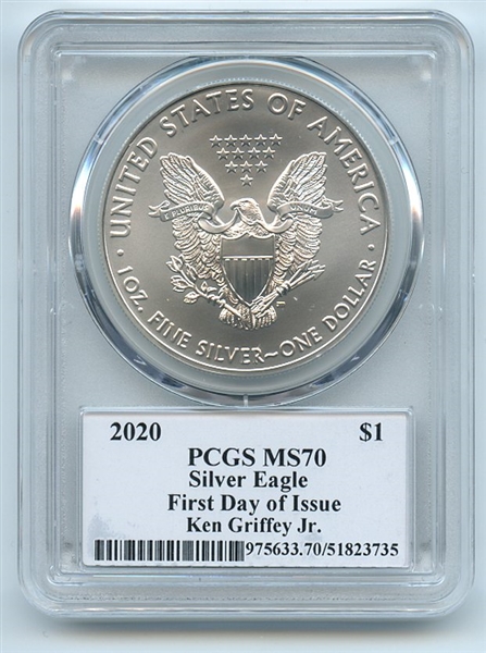 2020 $1 American Silver Eagle PCGS MS70 FDOI Legends of Life Ken Griffey Jr