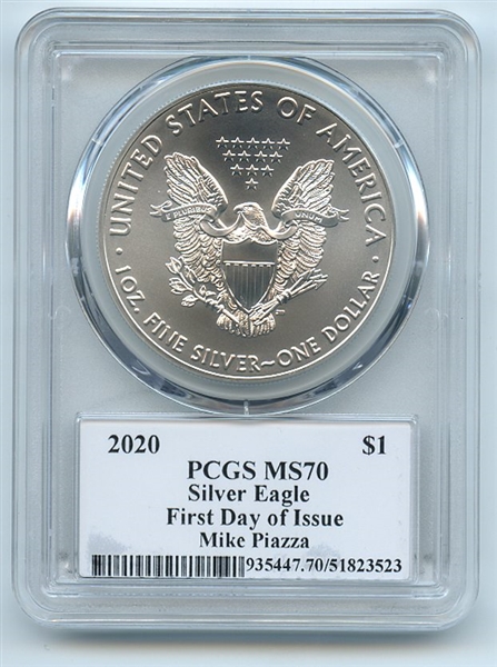 2020 $1 American Silver Eagle PCGS MS70 FDOI Legends of Life Mike Piazza