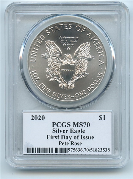 2020 $1 American Silver Eagle PCGS MS70 FDOI Legends of Life Pete Rose