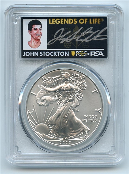 2020 $1 American Silver Eagle PCGS MS70 FDOI Legends of Life John Stockton
