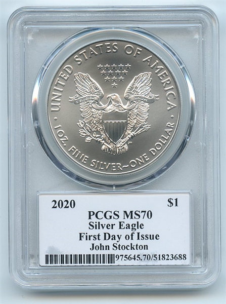 2020 $1 American Silver Eagle PCGS MS70 FDOI Legends of Life John Stockton